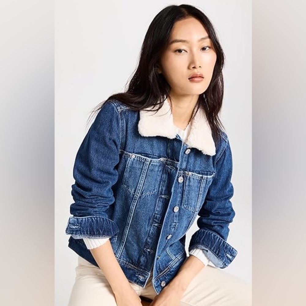 PAIGE Rowan Shearling Jean Jacket in Jamee Distressed Women's Small